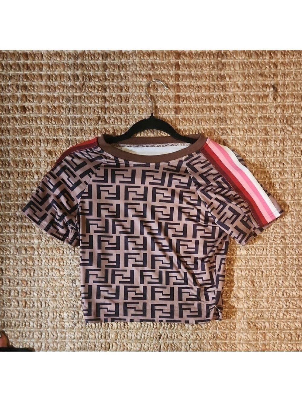 Geometric Brown "F"endi Patterned Short Sleeve Monogrammed XS Luxury Crop Top